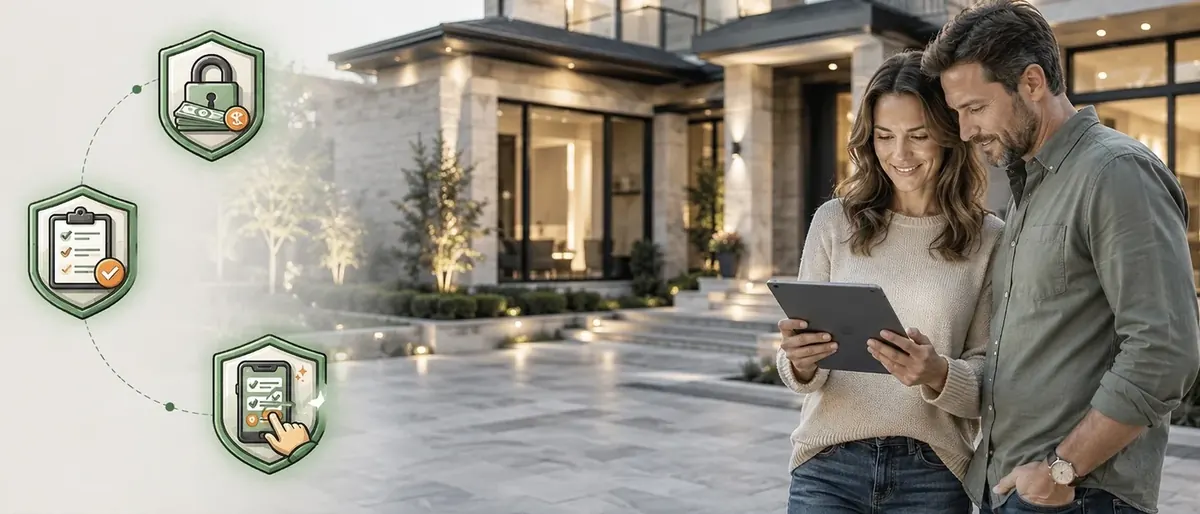 Homeowners reviewing and approving a construction draw on a tablet outside their finished home