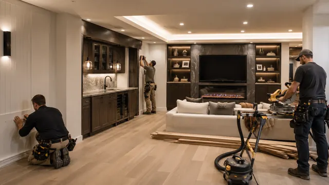 Finish carpenters installing a wet bar and built-ins in a Utah basement