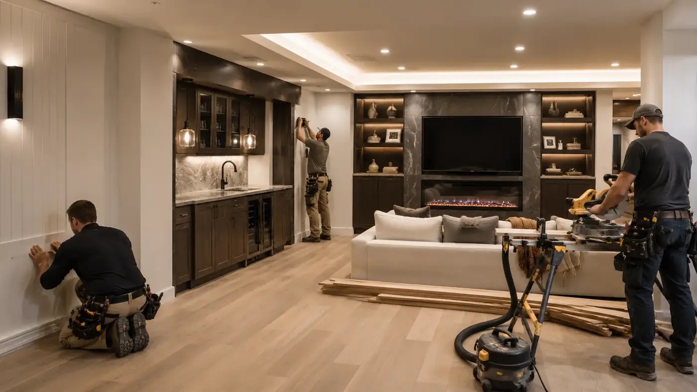 Finish carpenters installing a wet bar and built-ins in a finished Utah basement