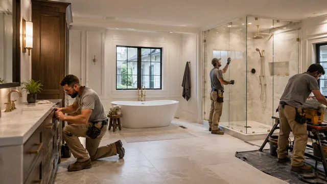 Tile and glass crew finishing a marble primary bathroom