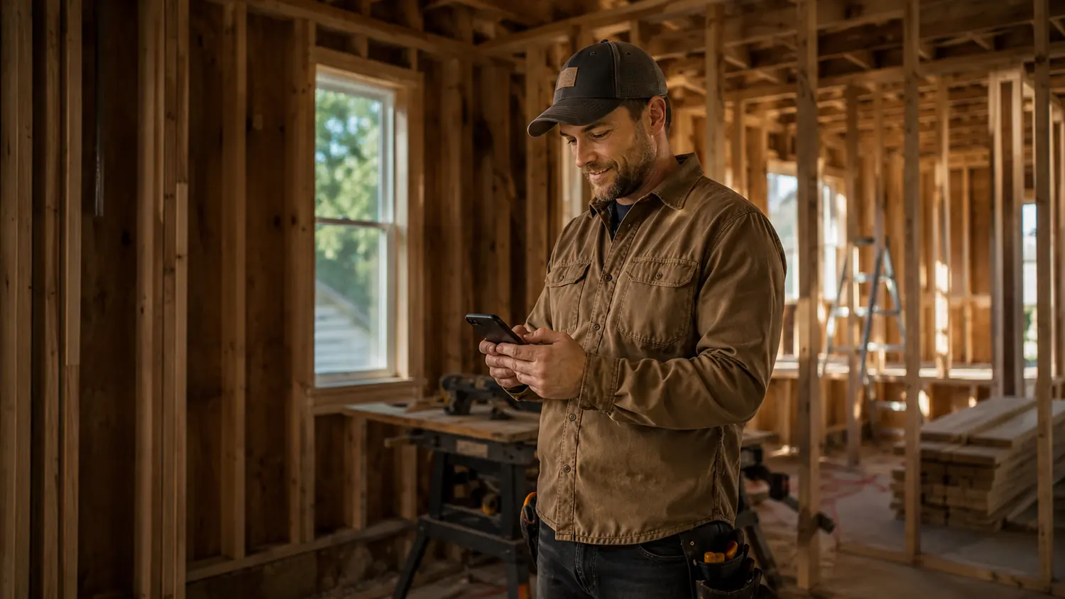 Contractor in a framed house smiling at a same-day payment notification on his phone
