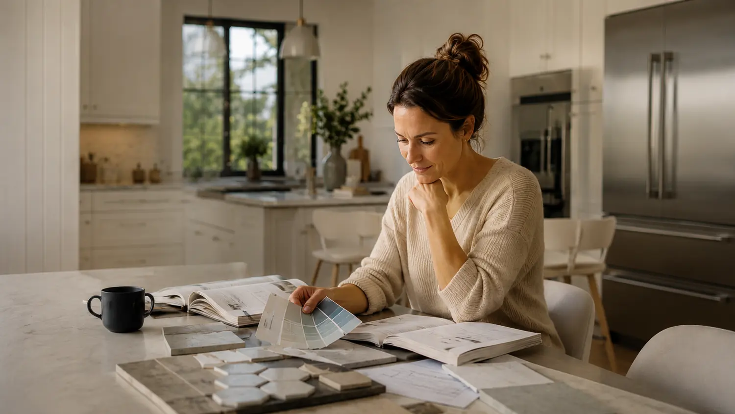Homeowner at her kitchen island comparing paint swatches and tile samples
