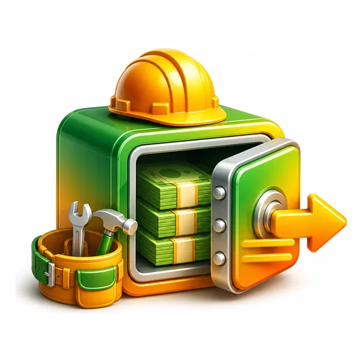 A safe full of committed funds with a hard hat and tool belt, releasing outward