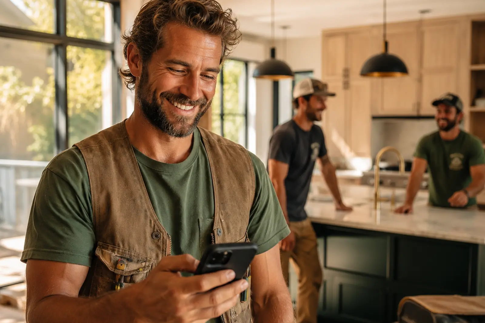 Contractor on a finished jobsite smiling at a same-day payment notification on his phone while his crew works behind him