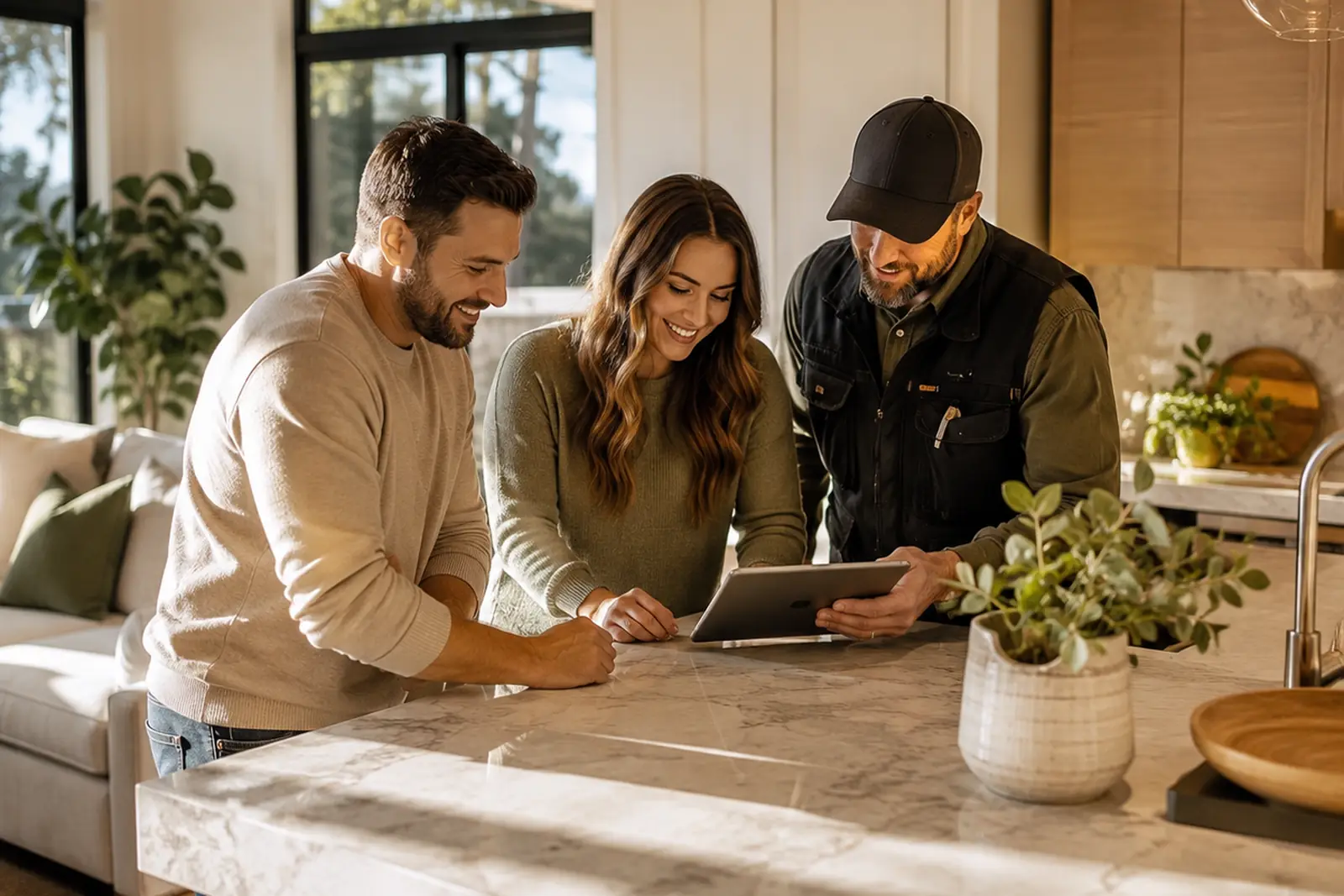 Homeowners and their contractor looking at the same project ledger on one tablet at the kitchen island