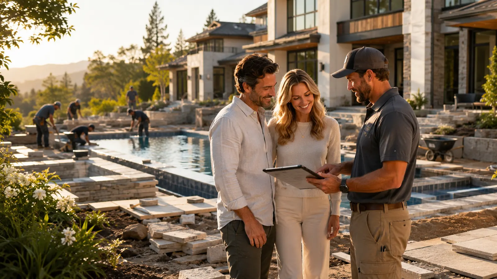 Homeowners and their contractor reviewing a draw on a tablet beside a pool under construction at golden hour