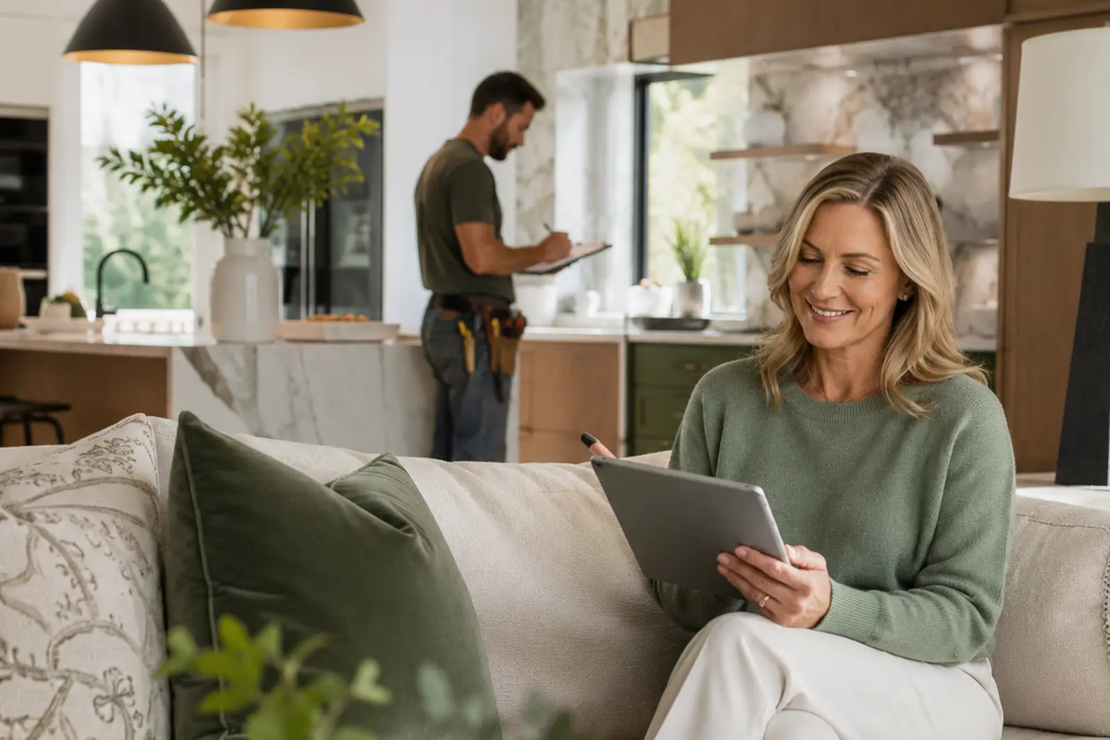 Homeowner reviewing her project on a tablet in the living room while the crew works in the kitchen behind her