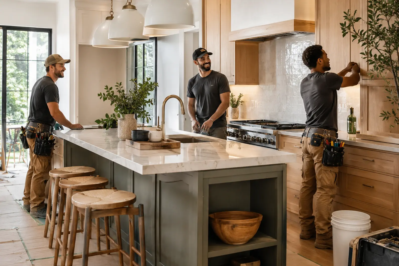 A crew mid-phase on a kitchen build, the kind of milestone work an Obra draw pays for