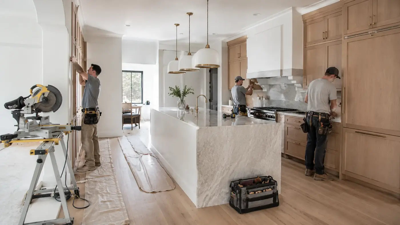 Remodeling crew installing custom cabinets and a marble island in a Utah kitchen