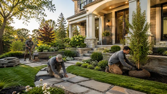 Landscaping crew laying flagstone and planting trees at a Utah home