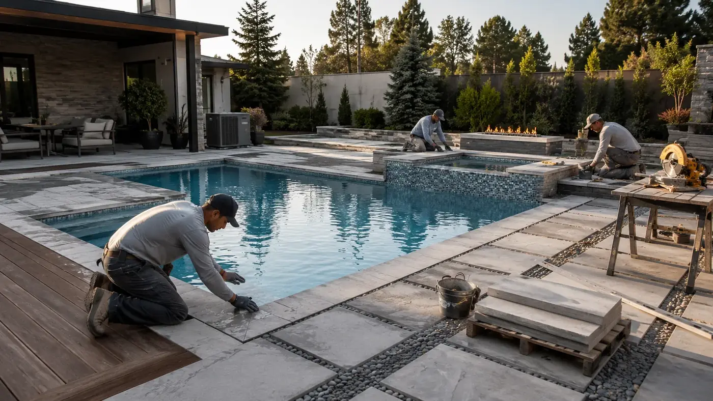Crew setting coping and tile on a new gunite pool and spa in a Utah backyard