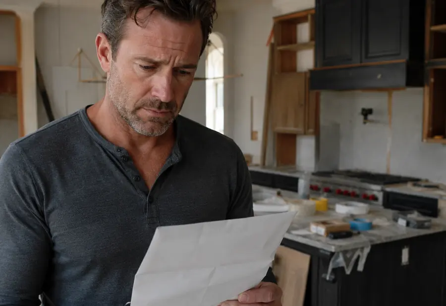 A homeowner reading an invoice in a gutted kitchen that looks the same as it did last month