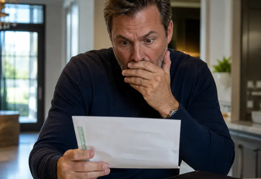 A homeowner opening a mechanics lien notice at the kitchen counter