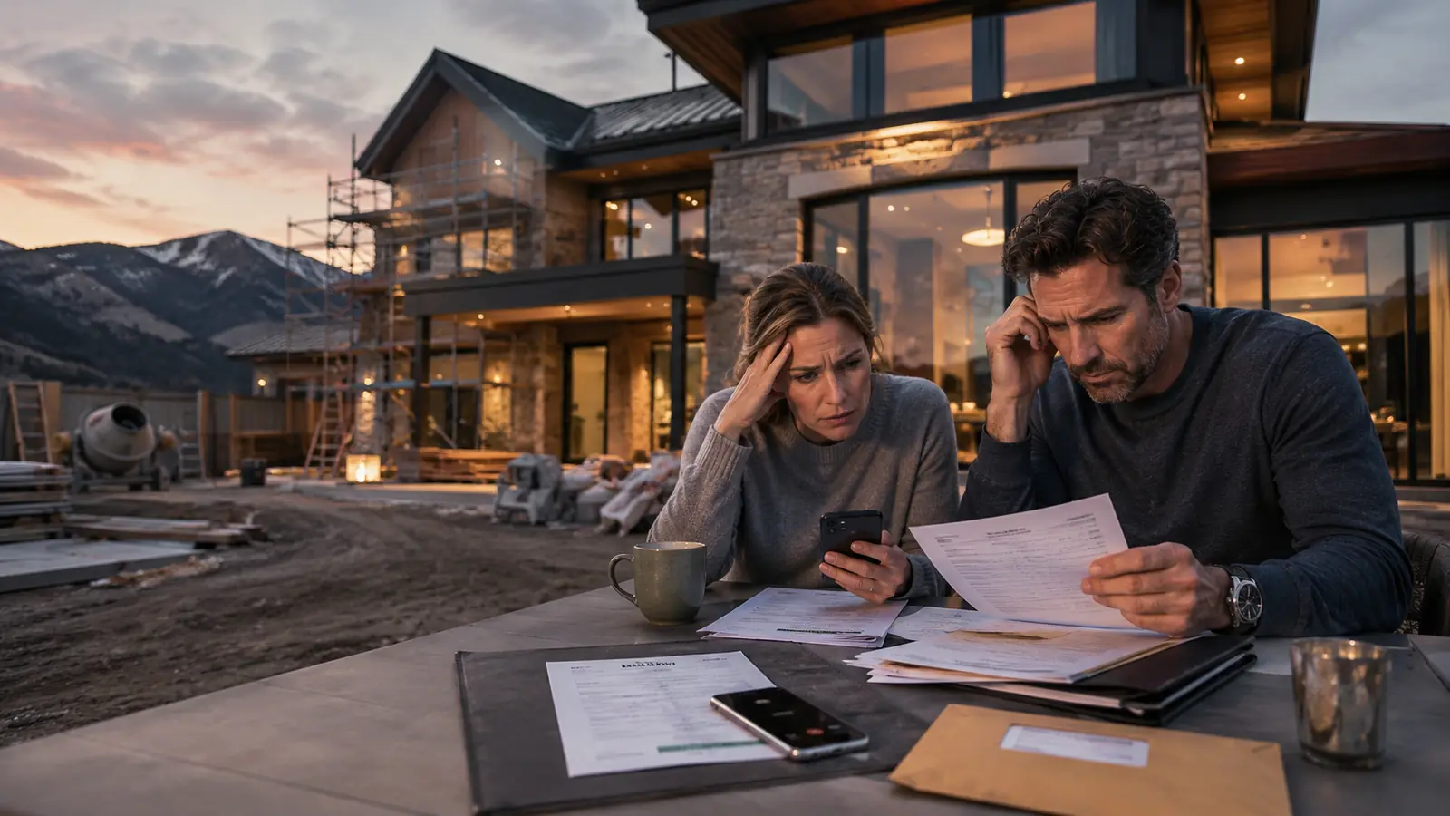 Homeowners going through paperwork at dusk outside their half-finished house